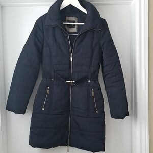 Principles Women's Navy Puffer Coat. Size 8. Zippers And Belt Buckle Gold Look.